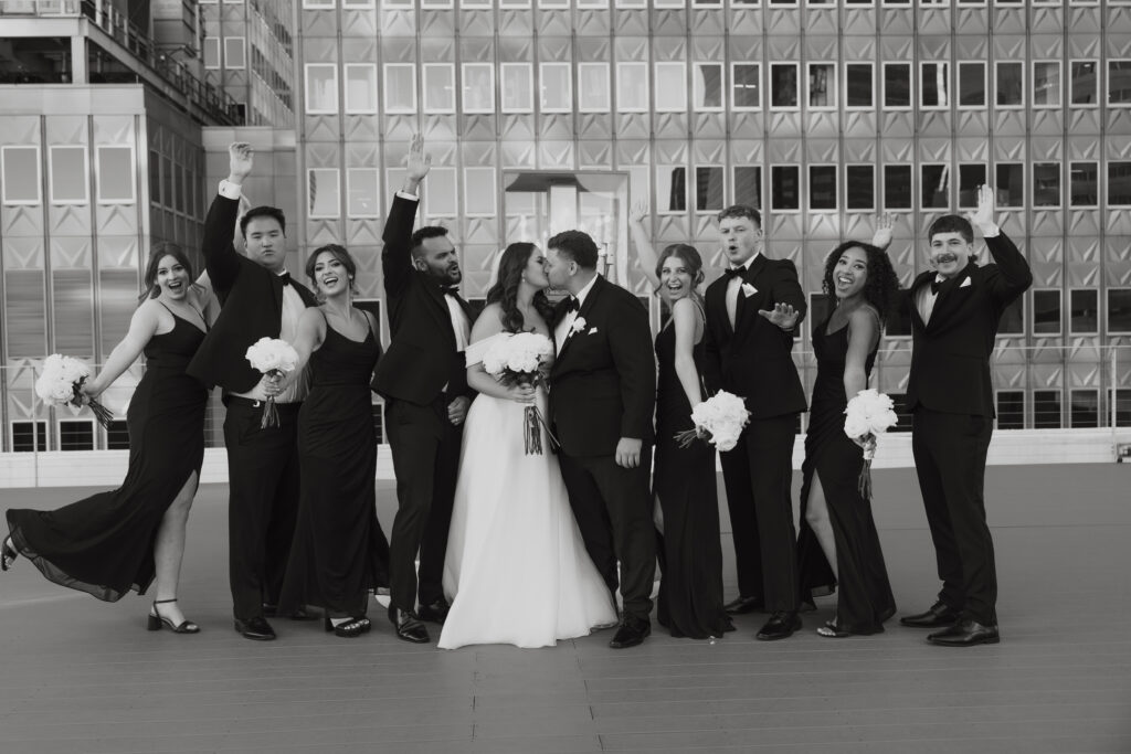 Black and white bridal party in downtown Dallas