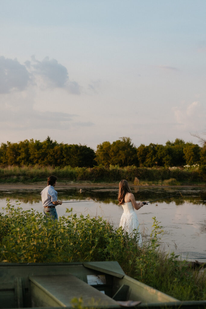 Unique Dallas engagement photography of a couple fishing together.