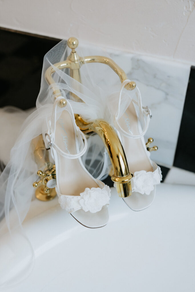 Bridal heels and veil.