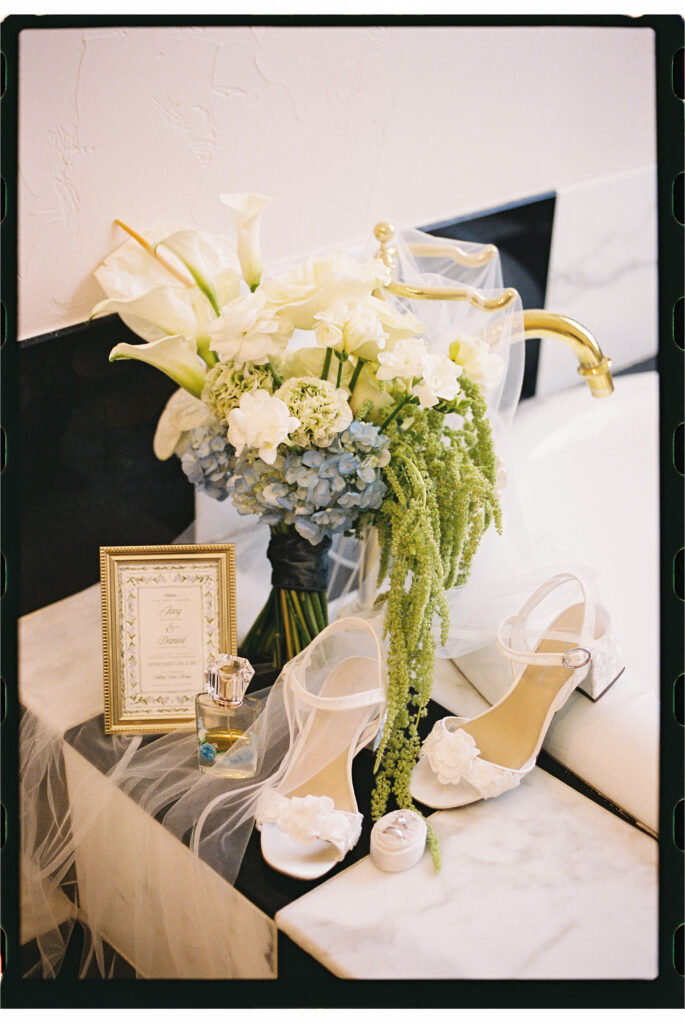 Bridal accessories and flowers.