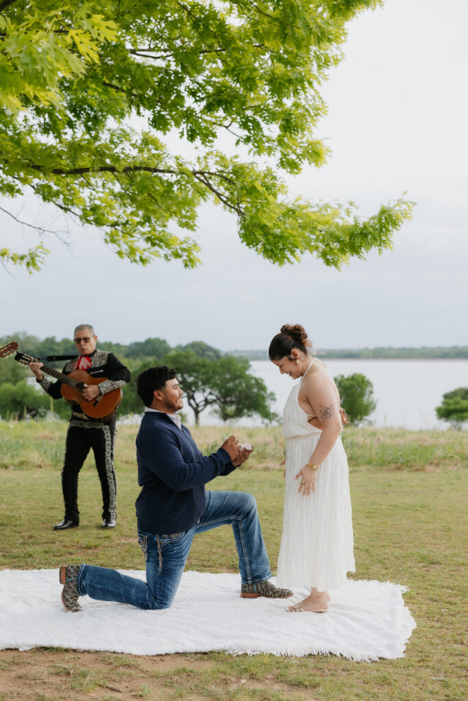 Romantic proposal at Winfrey Point on White Rock Lake in Dallas.