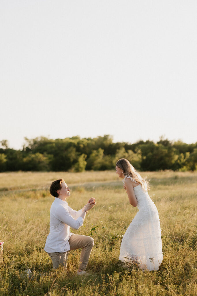 Man proposing to his girlfriend in a field in DFW.